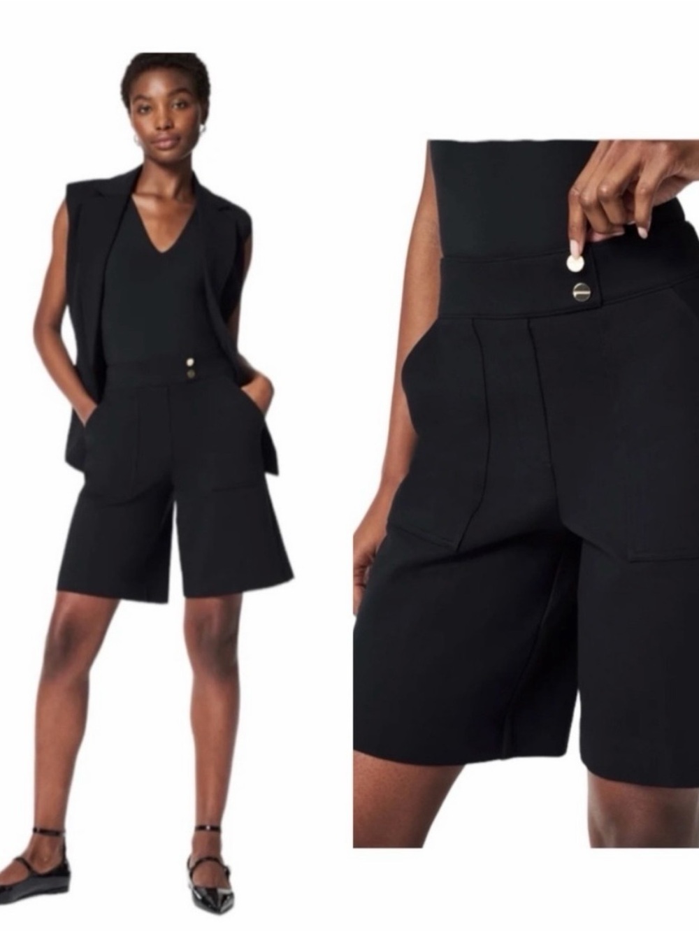 SPANX Ponte Button Tab Black High-Waist Tailored Shorts Size M